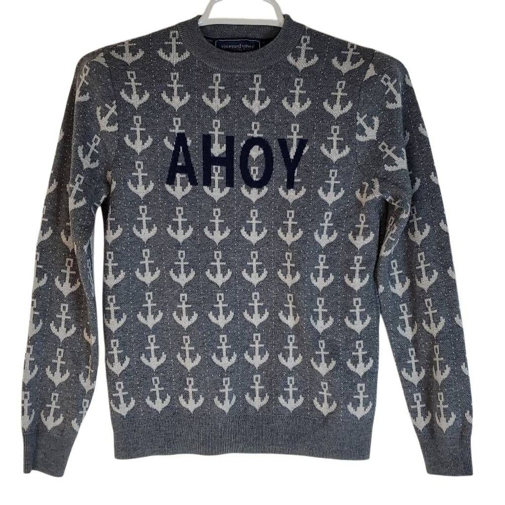 Vineyard Vines Kids Ahoy Anchor Print Merino Wool Blend Sweater Gray Medium - Picture 12 of 13